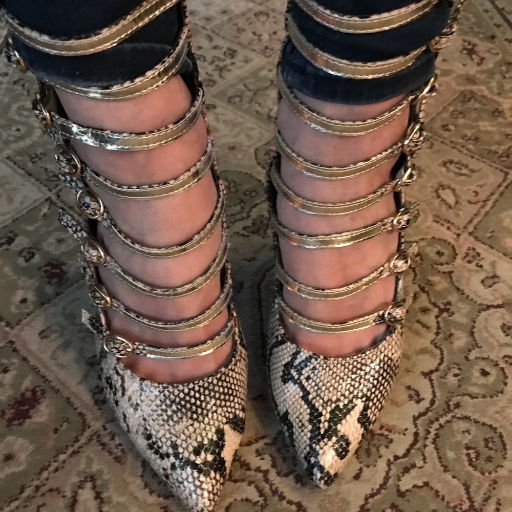 Shoe Republic LA Metallic Gold-Strap Snake Print Pointed Heels